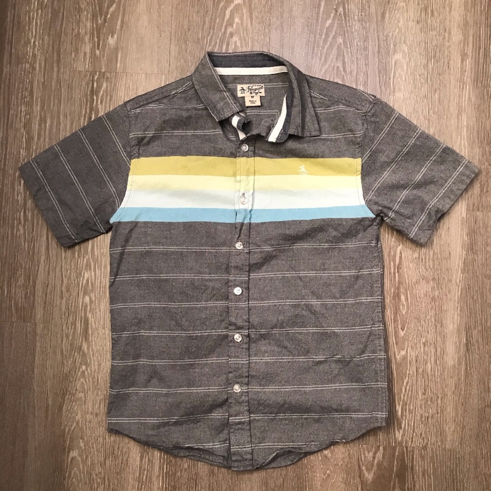 Original Penguin Boys‎ Grey Striped Button Down Shirt Size 8Y